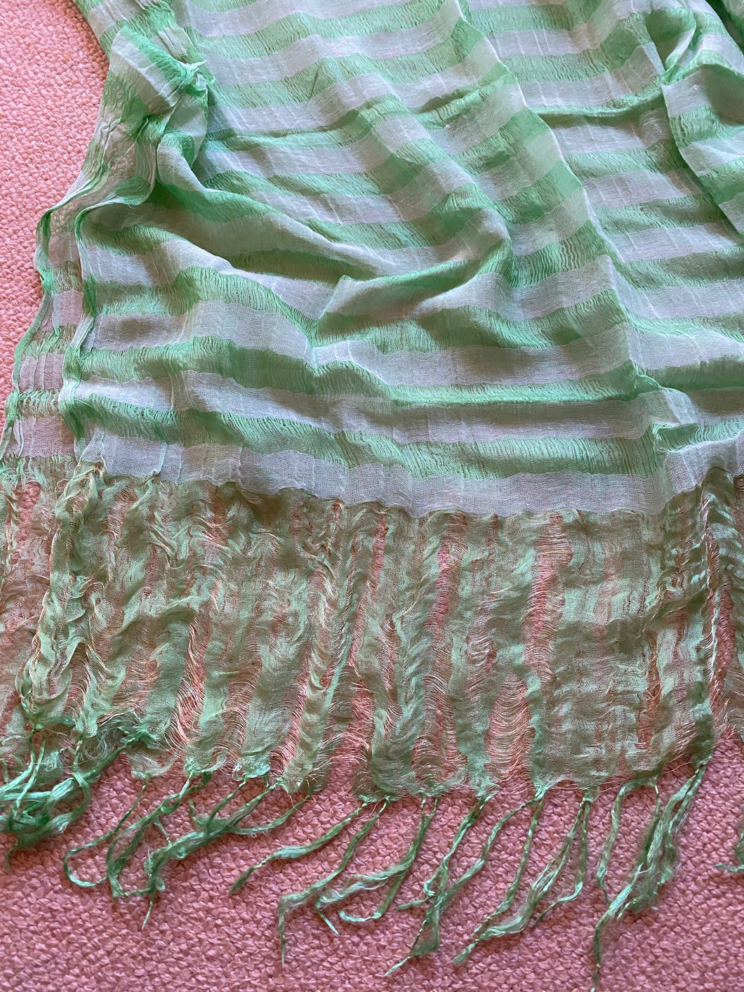 SP147 Fine silk apple green striped scarf with gold