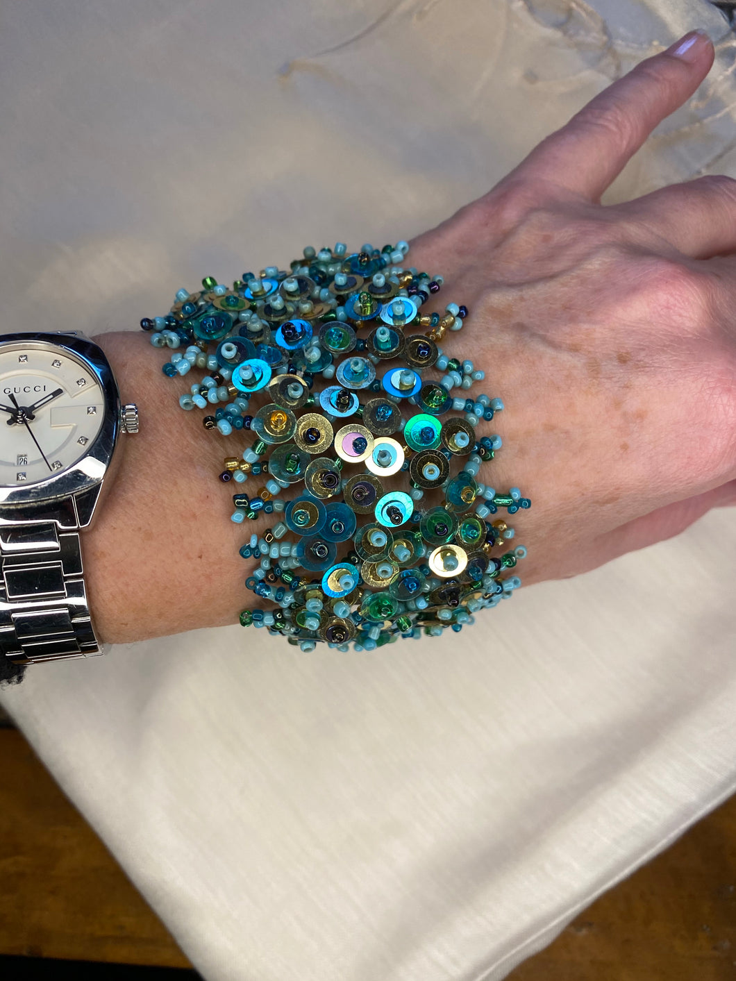 SPJ103 Aquamarine, beaded, sequin bracelet