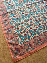 Load image into Gallery viewer, SP133 Pink, blue and coffee pretty floral design on cream, long, silk scarf
