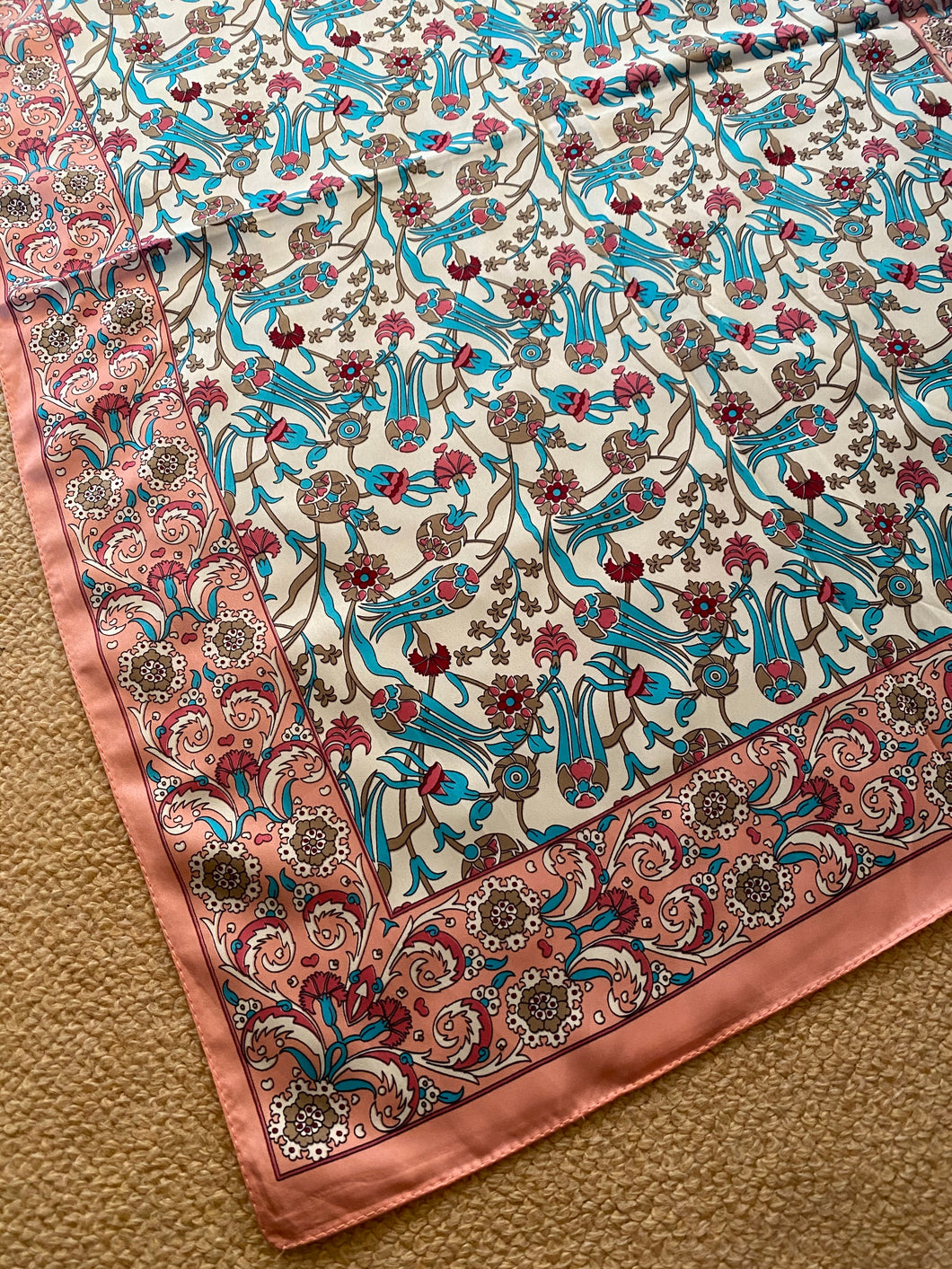 SP133 Pink, blue and coffee pretty floral design on cream, long, silk scarf