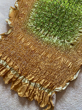 Load image into Gallery viewer, AU112 Moss green and old gold, ruffled, silk, long scarf
