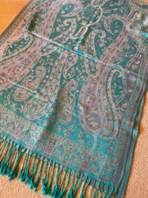 Load image into Gallery viewer, SP116 Aquamarine wool paisley scarf with tassles
