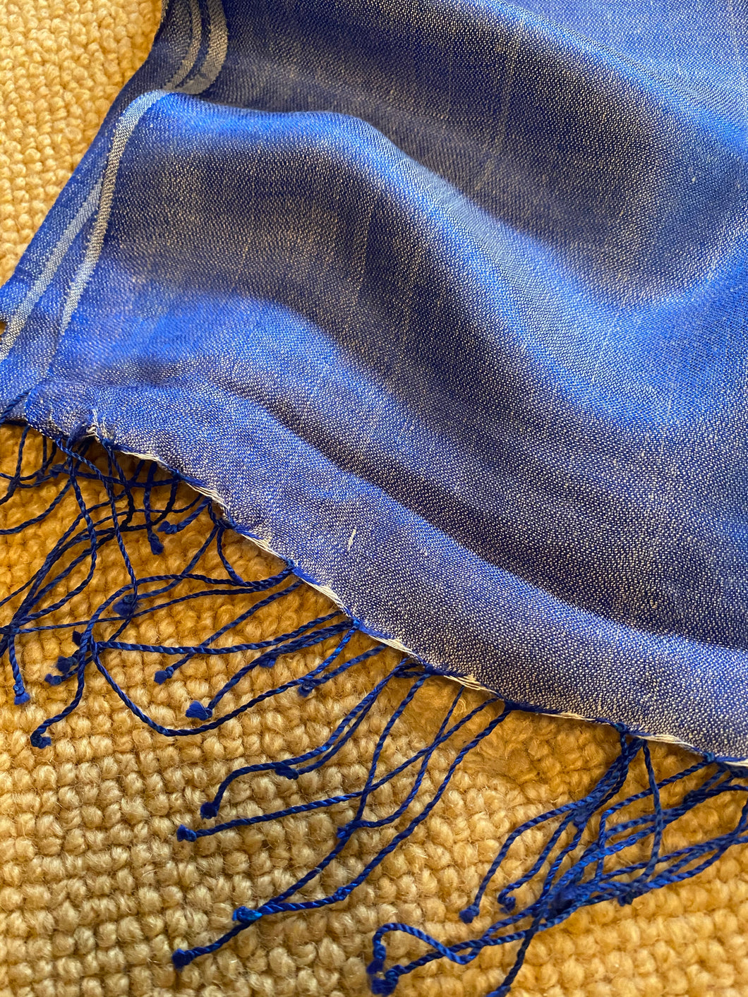 SU118 Delph blue silk, long, plain scarf with navy tassles