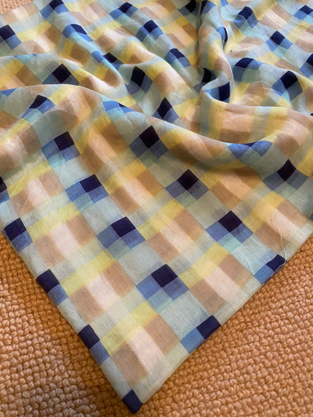 SU123 Small checked sarong or scarf in primrose, blue, mushroom