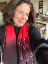 Load image into Gallery viewer, WI129 Scarlet, damson and black embroidered long scarf
