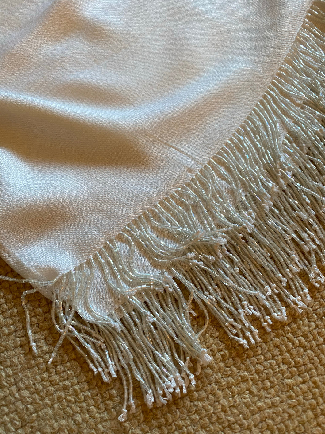 WI121 Plain white, long scarf with beaded fringe