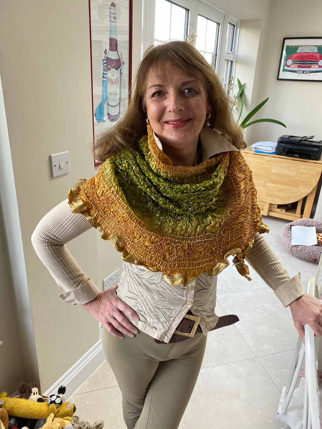 AU112 Moss green and old gold, ruffled, silk, long scarf