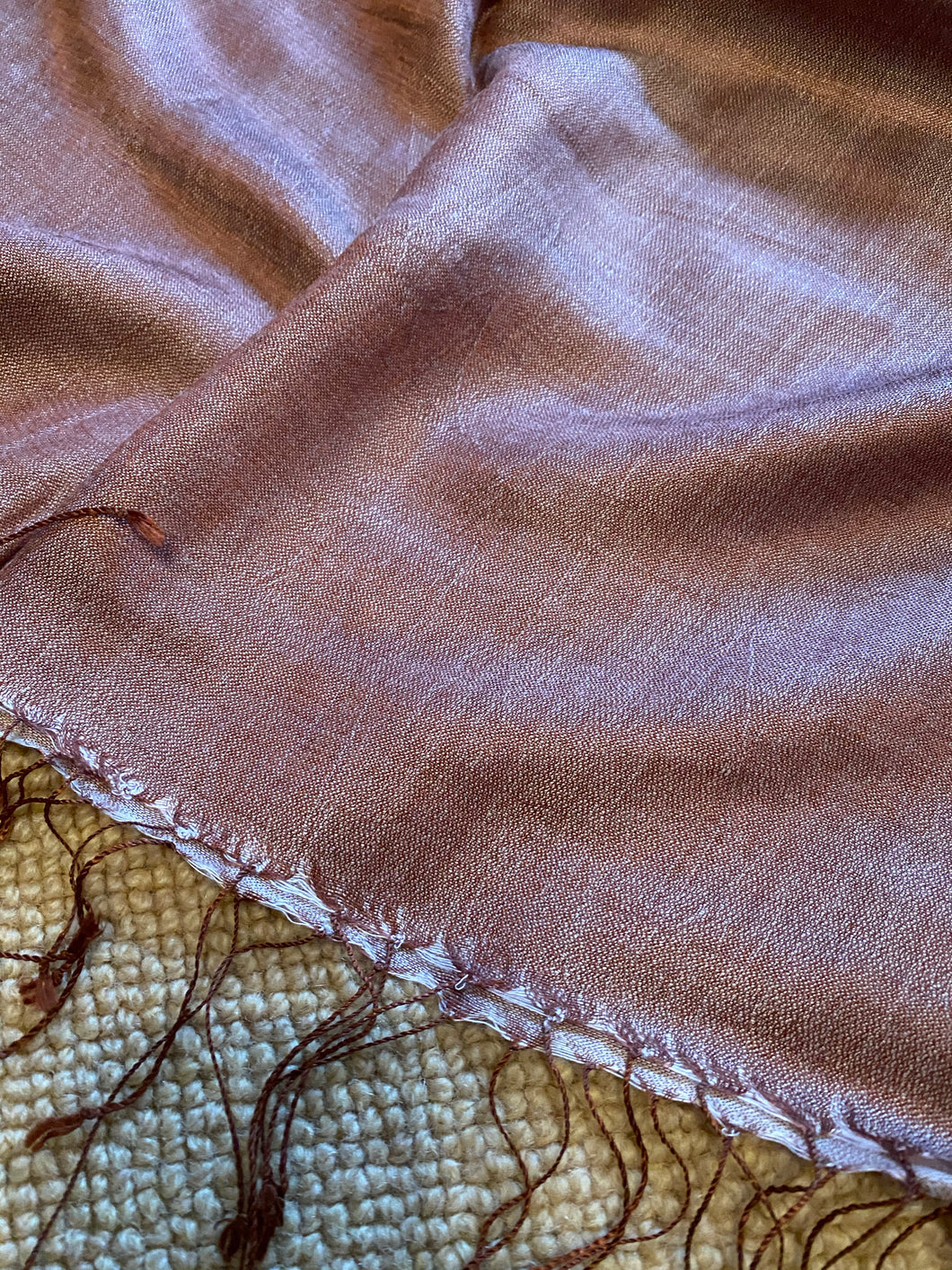 SU120 Rose brown, long, silk, plain scarf with tassles