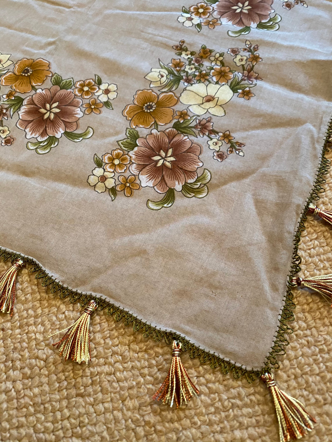 AU131 Pretty, floral square, cotton scarf with rich tassles