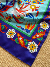 Load image into Gallery viewer, SP118 Silk, floral motif, long scarf in aqua, leaf, bright navy, red, cinnamon
