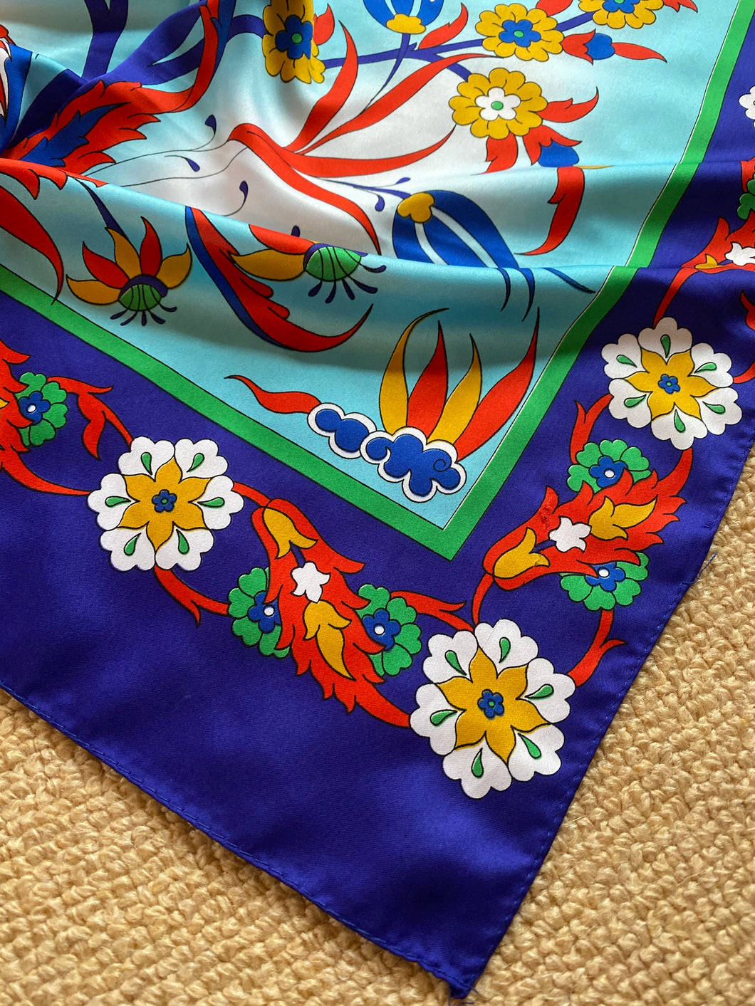 SP118 Silk, floral motif, long scarf in aqua, leaf, bright navy, red, cinnamon