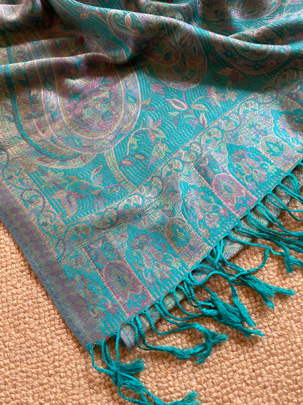 SP116 Aquamarine wool paisley scarf with tassles