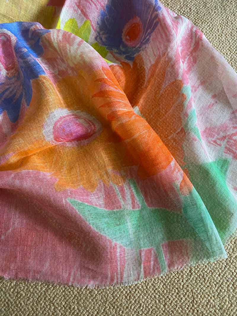 SP148 Large, abstract flowered, splashy, bright, linen scarf