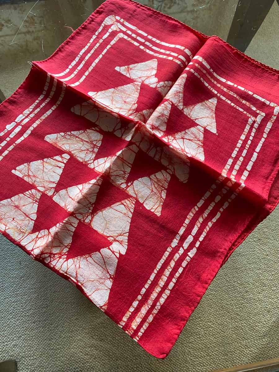 WI101 Stylish, red and stone, angular patterned silk scarf